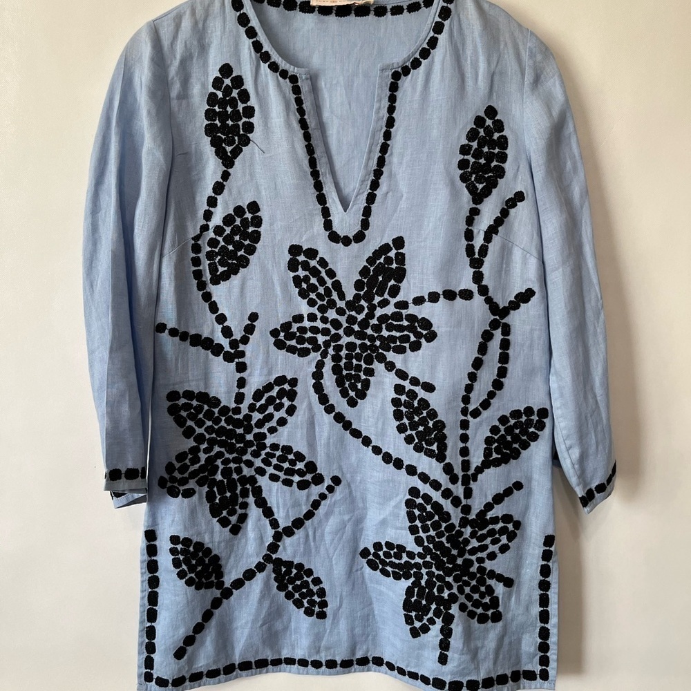 Tory Burch Blue Embroidered Linen Tunic Top